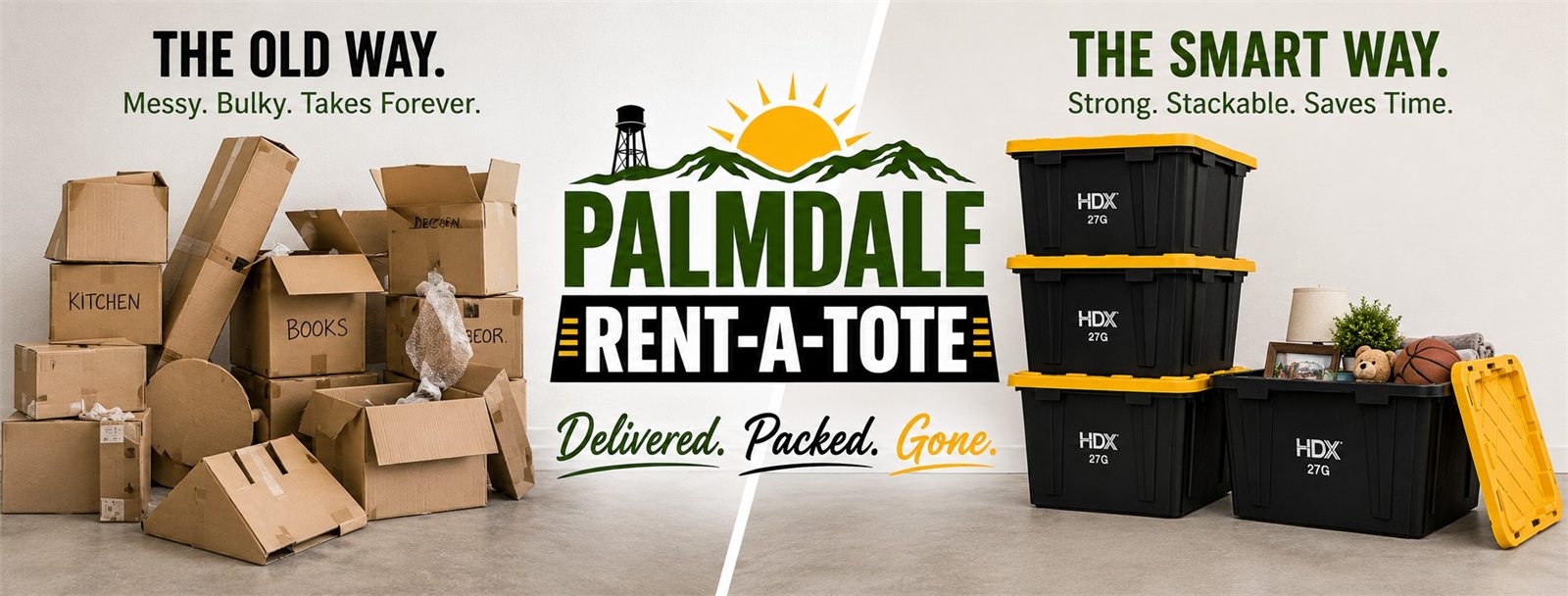 The old way: messy cardboard boxes. The smart way: strong, stackable Palmdale Rent-A-Tote moving totes. Delivered. Packed. Gone.