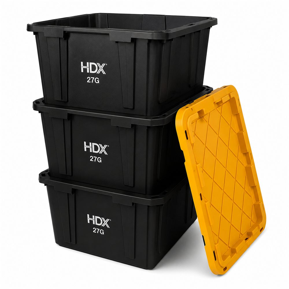 A stack of clean 27-gallon moving totes ready to rent